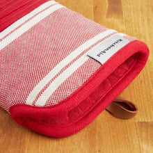 Red striped oven mitt with white bands and hanging loop, fabric label