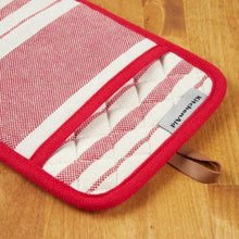Red striped pot holder with white bands and hanging loop, fabric label
