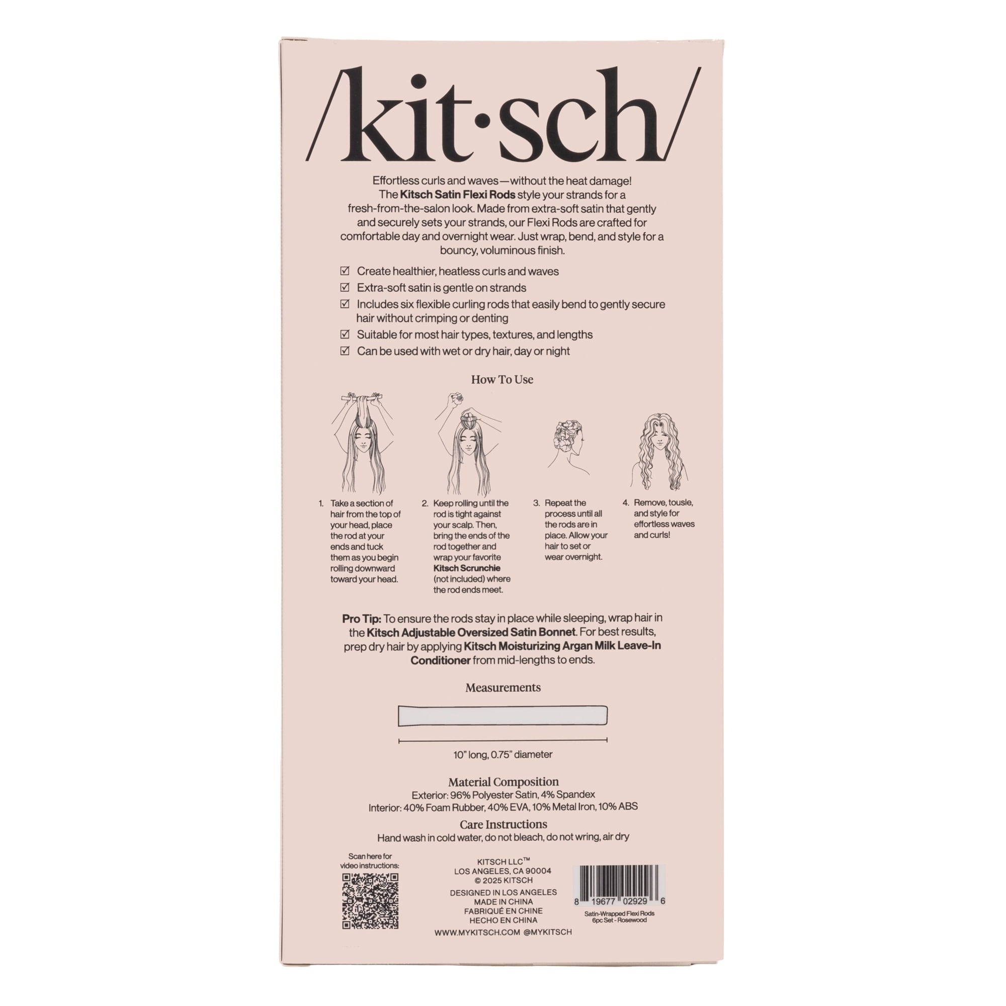 Kitsch Flexi Rods Heatless Hair Curler, Satin Covered Curling Rod, Rosewood 6pcs
