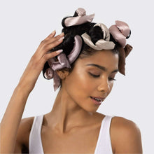 Satin-wrapped flexi hair curling rods set, rosewood and light satin, on hair