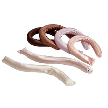 Satin-covered heatless hair curler rods in rosewood, pink, and dark brown (set)