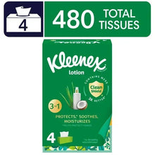 Kleenex lotion facial tissues box, green front with “480 tissues” graphic