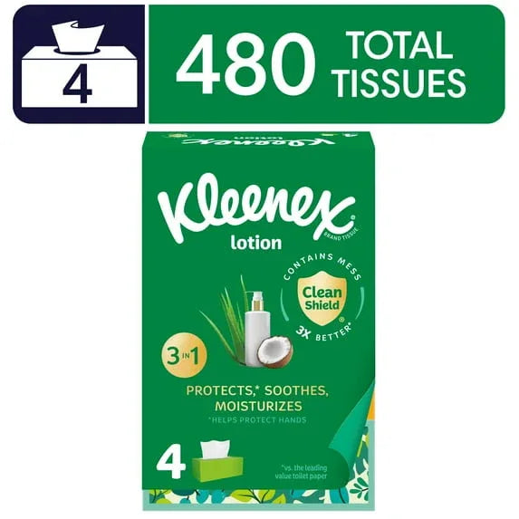 Kleenex Lotion Facial Tissues with Coconut Oil, 4 Flat Boxes, 120 Tissues Per Box, 3-Ply - USA MEGA SHOP