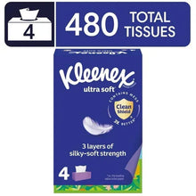 Kleenex Ultra Soft facial tissues box, blue 3-ply packaging with feather icon