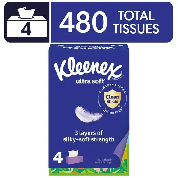 Kleenex Ultra Soft Facial Tissues, 4 Flat Boxes, 120 Tissues per Box, 3-Ply - USA MEGA SHOP