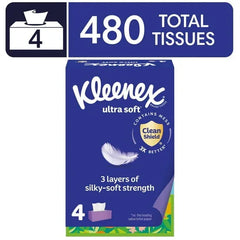 Kleenex Ultra Soft Facial Tissues, 4 Flat Boxes, 120 Tissues per Box, 3-Ply - USA MEGA SHOP