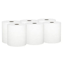 Pack of white hard roll paper towels, six rolls stacked with core holes