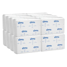 Kleenex multifold paper towels, white 1-ply packs stacked in a case