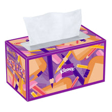 Facial tissue box with purple pencil design, white tissues protruding, 10-pack