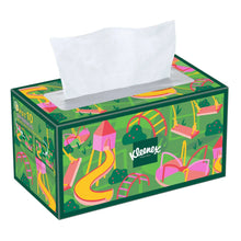 Facial tissue box with colorful animal pattern, white tissues protruding, 10-pack
