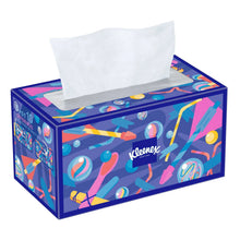 Facial tissue box with colorful pencil pattern, white tissues protruding, 10-pack