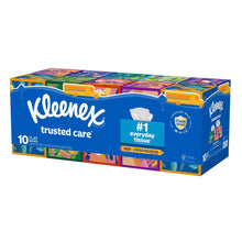 Facial tissue box, blue Trusted Care design with white tissues protruding, 10-pack