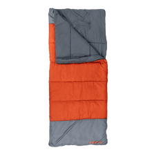 Adult sleeping bag in orange with dark gray top and bottom, quilted panels