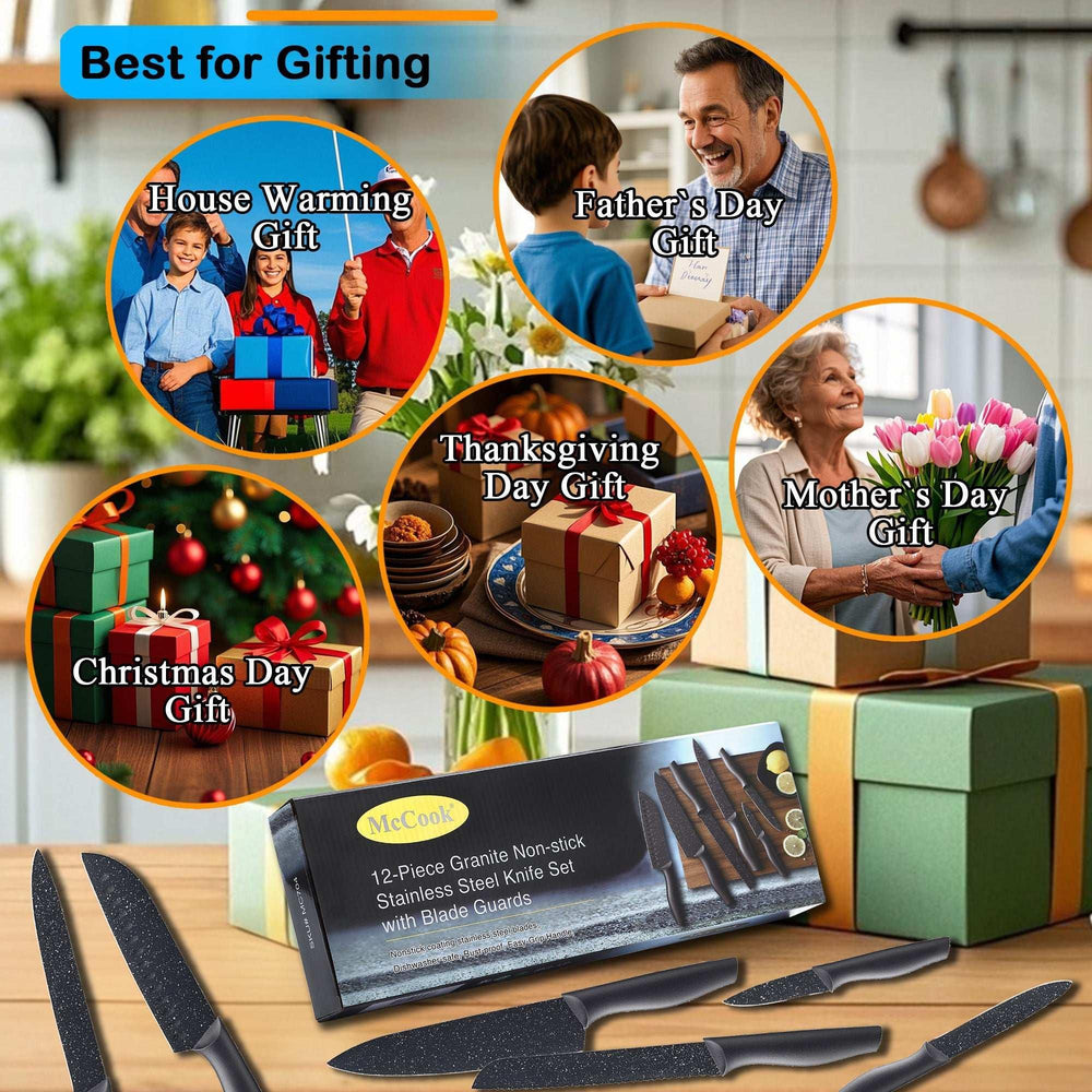 Knife Set, McCook 12-Piece Granite Kitchen Knife Set, High Carbon German Stainless Steel Knives Set with Blade Guards, Non-stick Coating, Ultra Sharp, Dishwasher Safe - USA MEGA SHOP