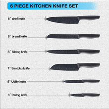 6-piece kitchen knife set showing chef, bread, slicing, santoku, utility, and paring knives