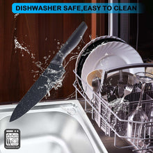 Kitchen knife set with black granite blades and handles, dishwasher-safe for easy cleaning