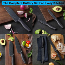 Kitchen cutlery set with black granite-style blades and protective blade covers