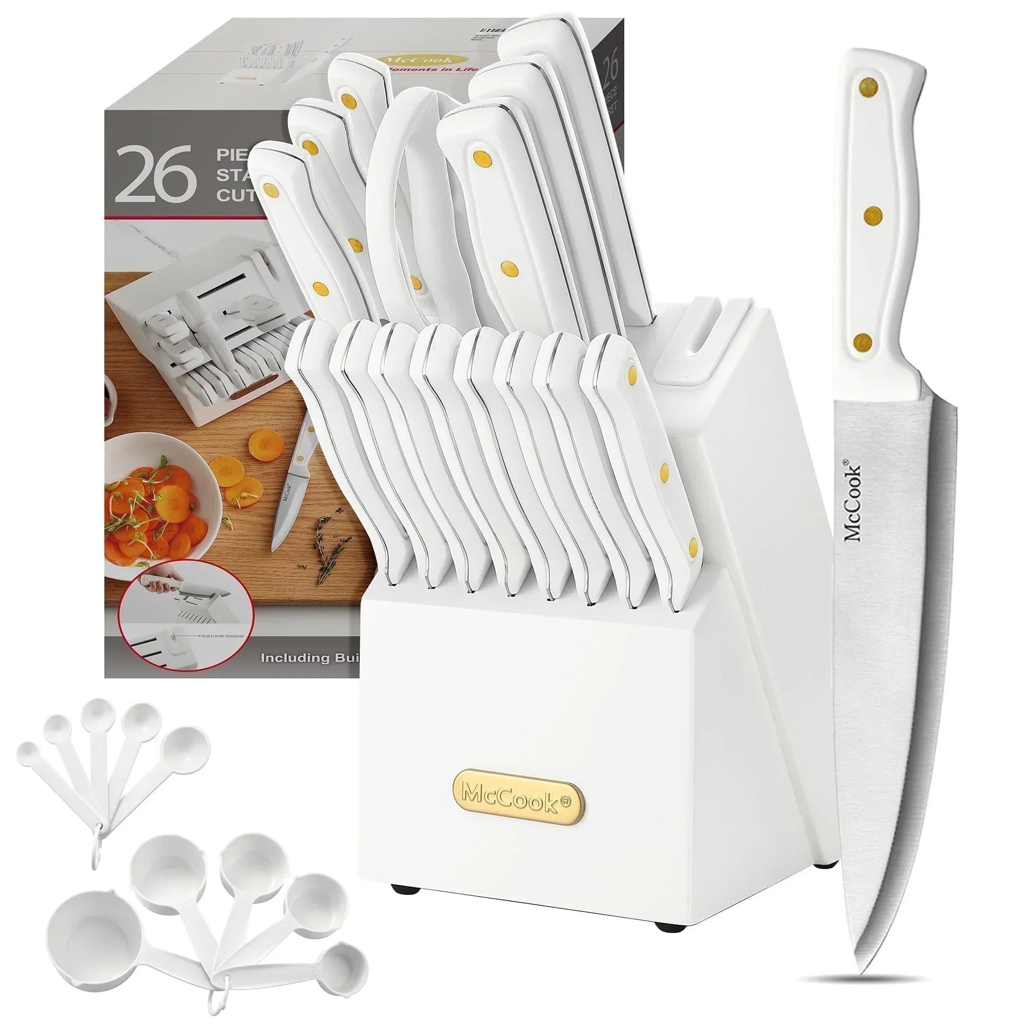 McCook DISHWASHER SAFE MC701 Knife Sets of 26, Stainless Steel Kitchen Knives Block Set with Built-in Knife Sharpener, Measuring Cups and Spoons - USA MEGA SHOP