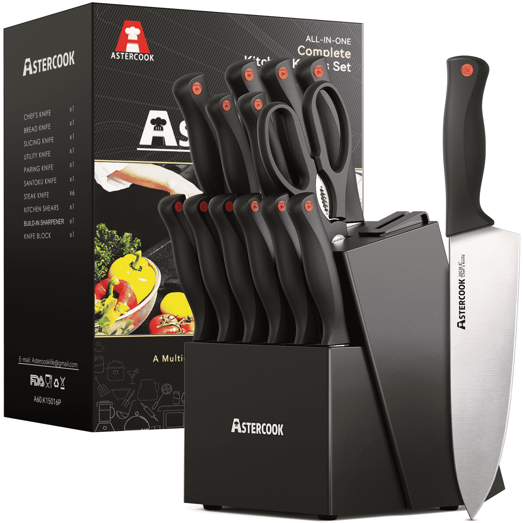 Astercook Knife set, 14-Piece Kitchen Knife Set with Built-in Sharpener, High Carbon German Stainless Steel Knives Block Sets, Ultra Sharp & Rust Resistant, Dishwasher Safe