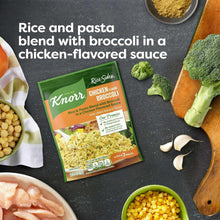 Chicken flavor broccoli rice side pouch with broccoli and corn ingredients nearby.