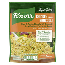 Chicken flavor broccoli rice side pouch, green orange label with serving info.