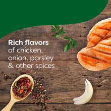 Chicken bouillon jar with parsley, onion pieces, and chicken on a tray