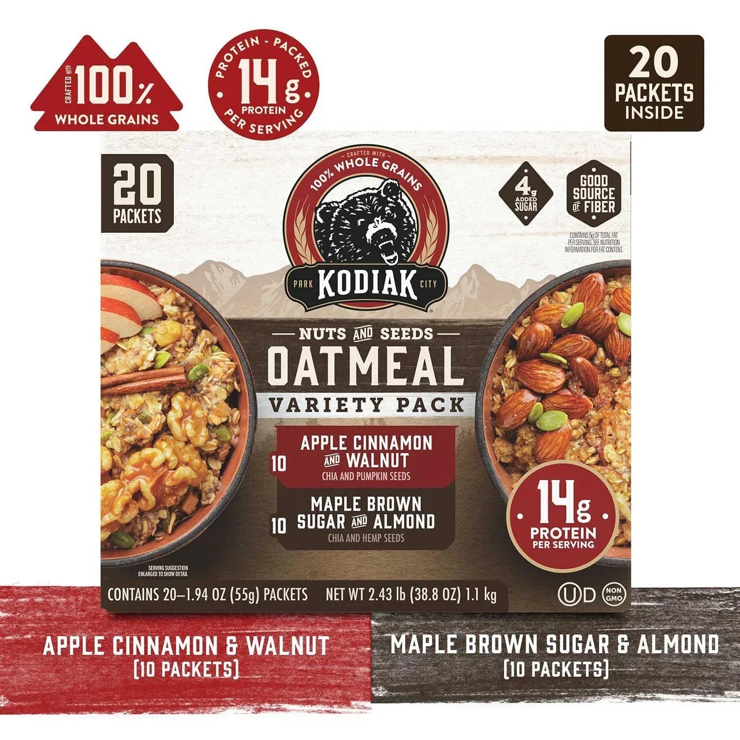 Kodiak Cakes Nuts & Seeds Oatmeal, Variety Pack, 20 pk.