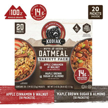 Kodiak Cakes Nuts & Seeds oatmeal variety pack box front with flavor names and 20 packets.