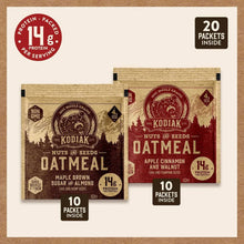 Oatmeal variety pack back panel showing 20 packets with flavor pouches and protein badge.