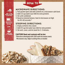 Oatmeal variety pack package panel with microwave and steep instructions for packets.