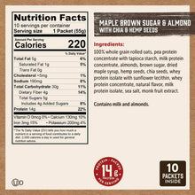 Nutrition Facts panel for Maple Brown Sugar & Almond oatmeal with chia and hemp seeds packets.