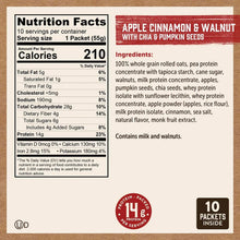 Nutrition Facts panel for Apple Cinnamon & Walnut oatmeal with chia and pumpkin seeds packets.