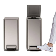 Stainless step trash can pair with open lids and foot pedal, showing bin tops.