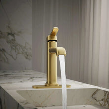 Single-handle bathroom faucet, brushed gold, water flowing from curved spout