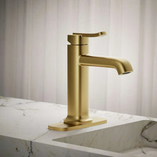 Single-handle bathroom faucet, brushed gold, curved spout and wide deck base