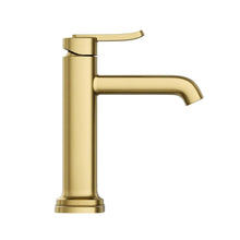 Single-handle bathroom faucet, brushed gold, curved spout and lever handle