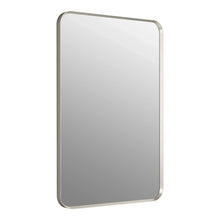 Rectangular mirror with rounded corners and silver frame, clean reflective surface