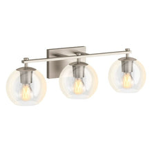 Three-light wall sconce with clear globe glass shades and chrome horizontal bar