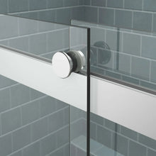 Kohler Tellin shower door roller and latch hardware on clear glass frame