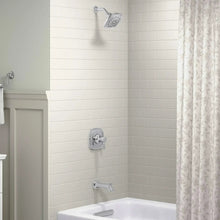 Chrome shower trim set with overhead showerhead, wall valve, and tub spout