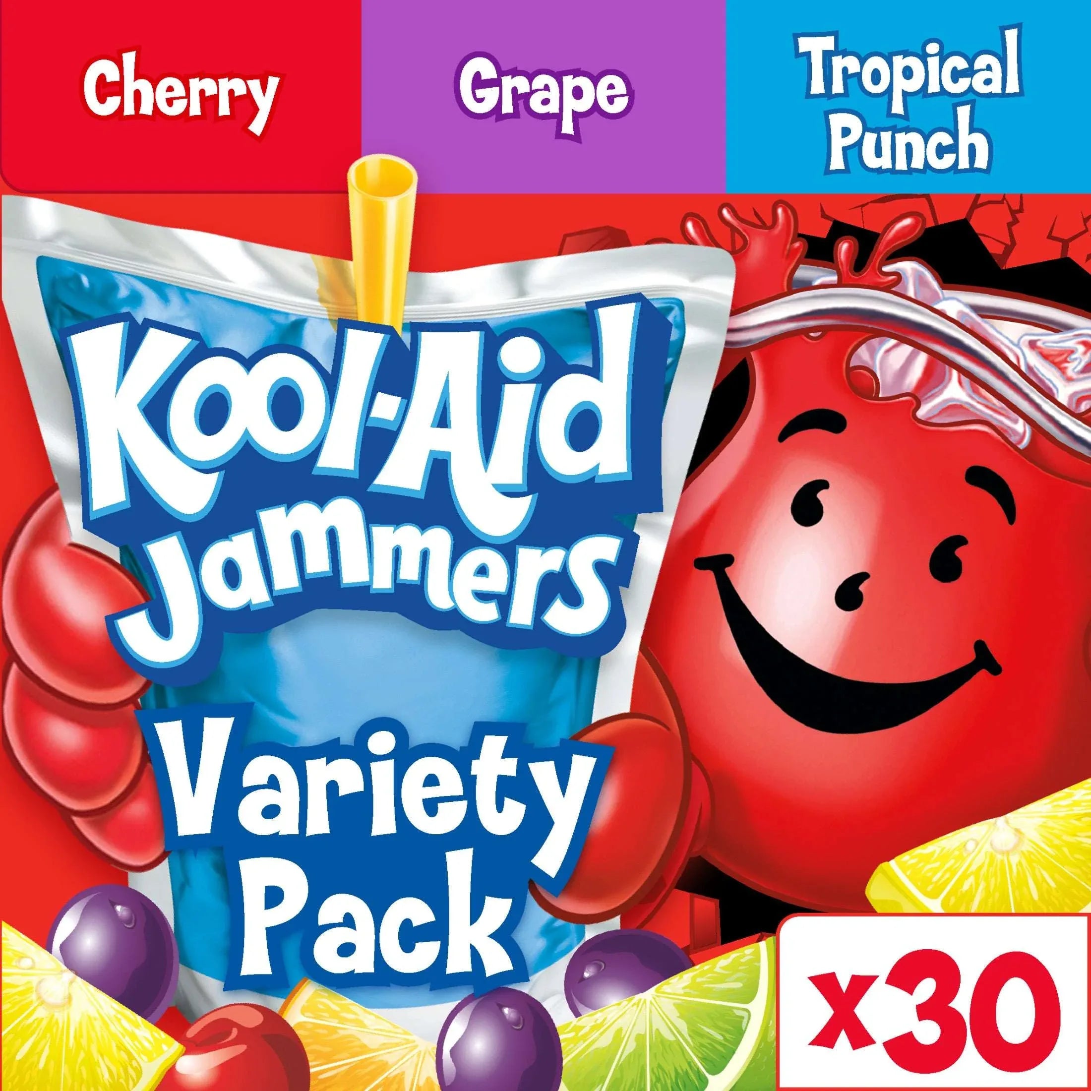 Kool-Aid Jammers Tropical Punch, Grape & Cherry Flavored 0% Juice Drink Variety Pack, 30 ct Box, 6 fl oz Pouches