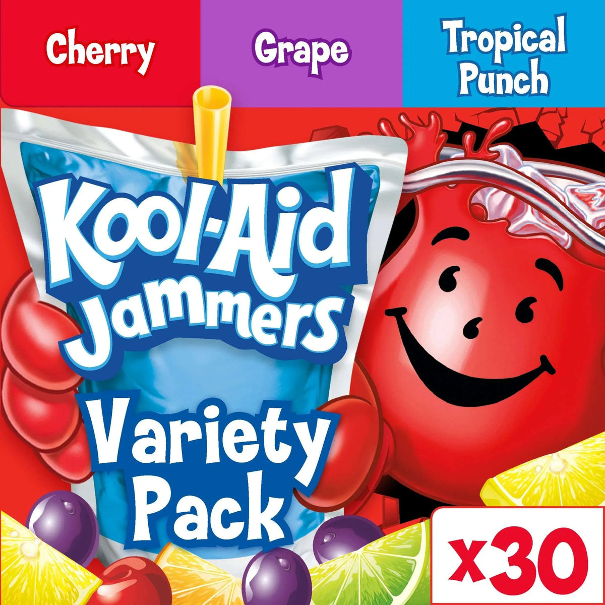 Kool-Aid Jammers Tropical Punch, Grape & Cherry Flavored 0% Juice Drink Variety Pack, 30 ct Box, 6 fl oz Pouches