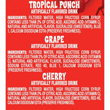 Kool-Aid Jammers drink label panel listing flavors tropical punch, grape, cherry