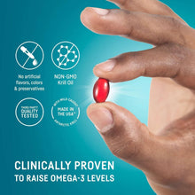 Krill oil softgel held between fingers with icons for non-GMO, tested, made in USA