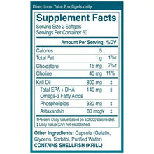 Supplement Facts label for krill oil softgels, serving size 2, 800 mg krill oil