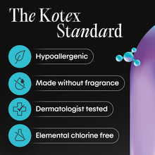 Kotex BioCare standard care panel with hypoallergenic and fragrance-free icons