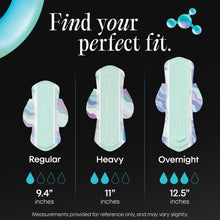 Kotex BioCare winged pad fit guide showing regular, heavy, and overnight pad shapes