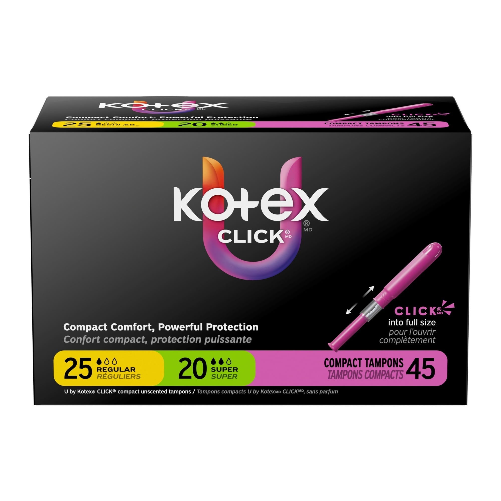 Kotex Click Compact Multipack Tampons, Regular/Super, Unscented, 45 Count (PACK OF 3 )