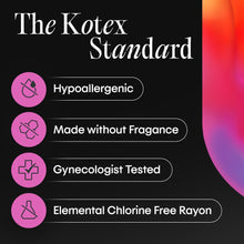 Kotex Standard icons for hypoallergenic, fragrance-free, and gynecologist tested