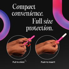 Kotex Click compact tampon applicator held in hands with click-open action